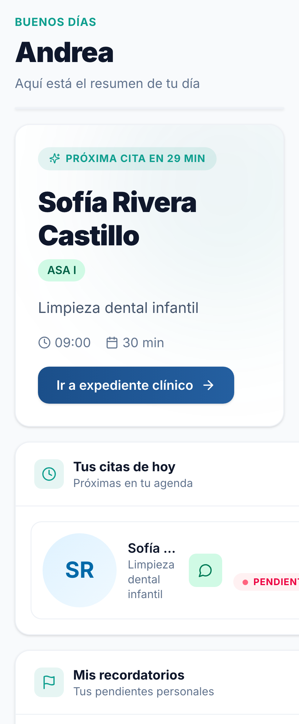 Odentik's home on a phone, with the greeting and today's patients